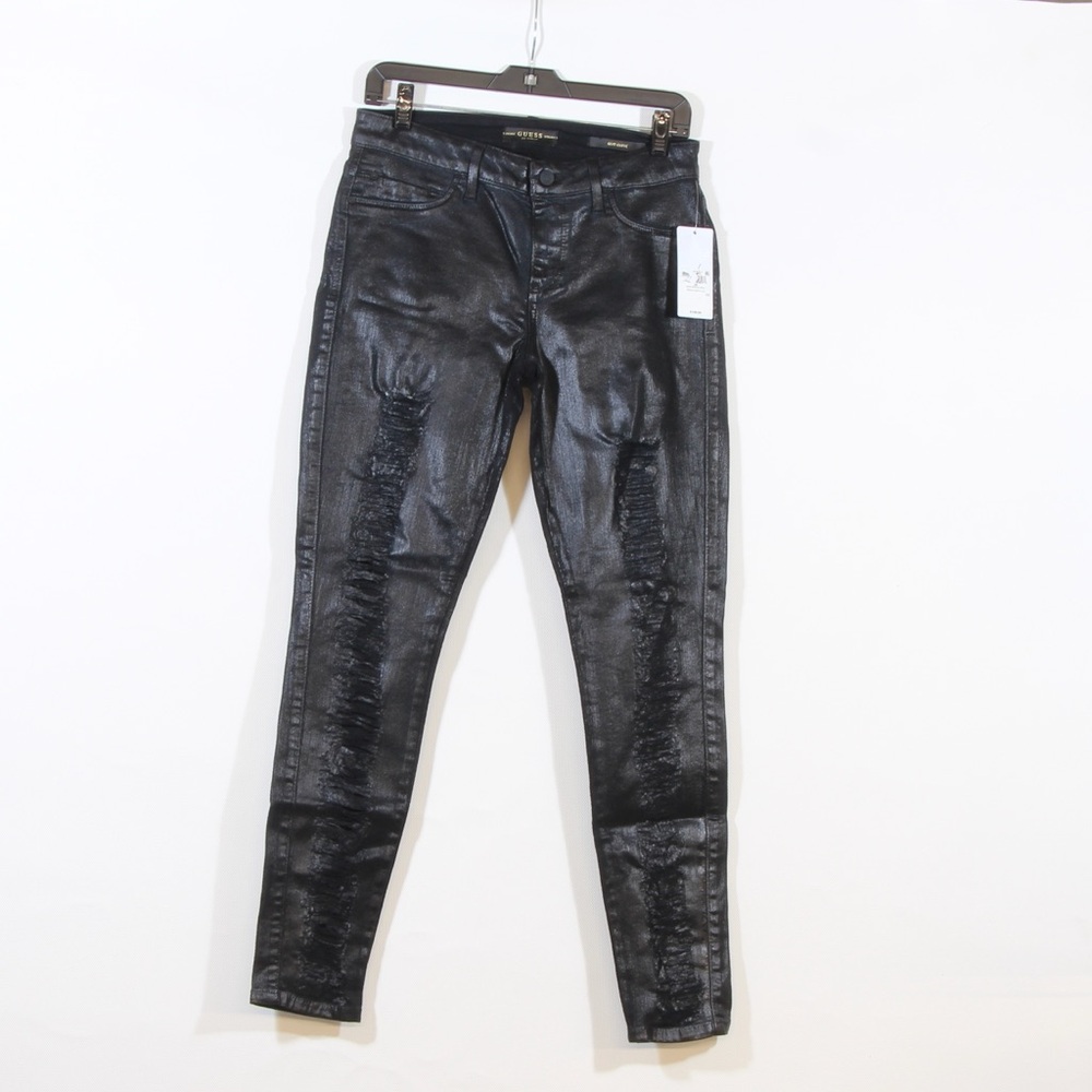 Guess Women's Black Metallic-wash Sexy Curve Distressed Mid-rise Pants